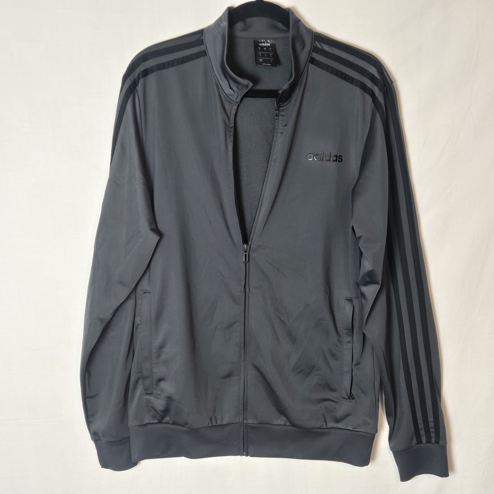 Adidas Track Jacket Mens Medium Black Gray Full Zip Three Stripes Athletic Retro